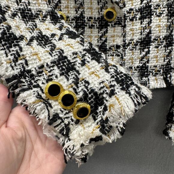 House of Harlow Blazer Womens Medium White Black Gold Fringe Crop Jacket - Picture 4 of 7